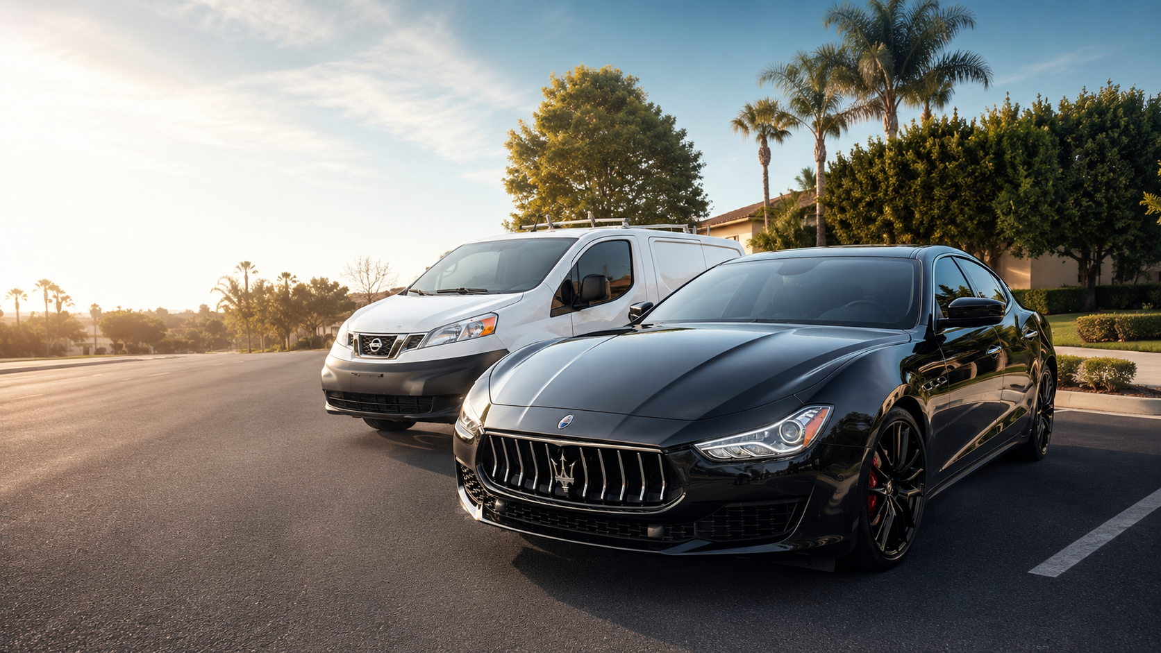 Glossy black luxury car being detailed at golden hour